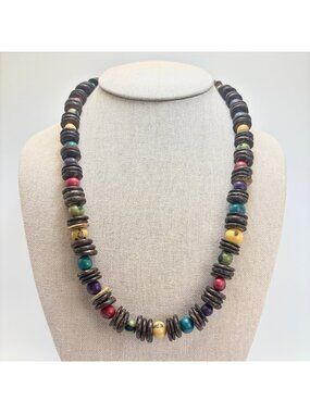 Natural Wood Round Bead & Disc Costume Fashion Necklace Size 21" Length